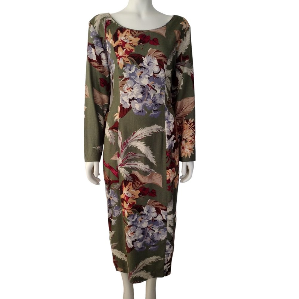 Vintage 1990s Green Floral Long Sleeved Lace Up Back Sheath Maxi Dress